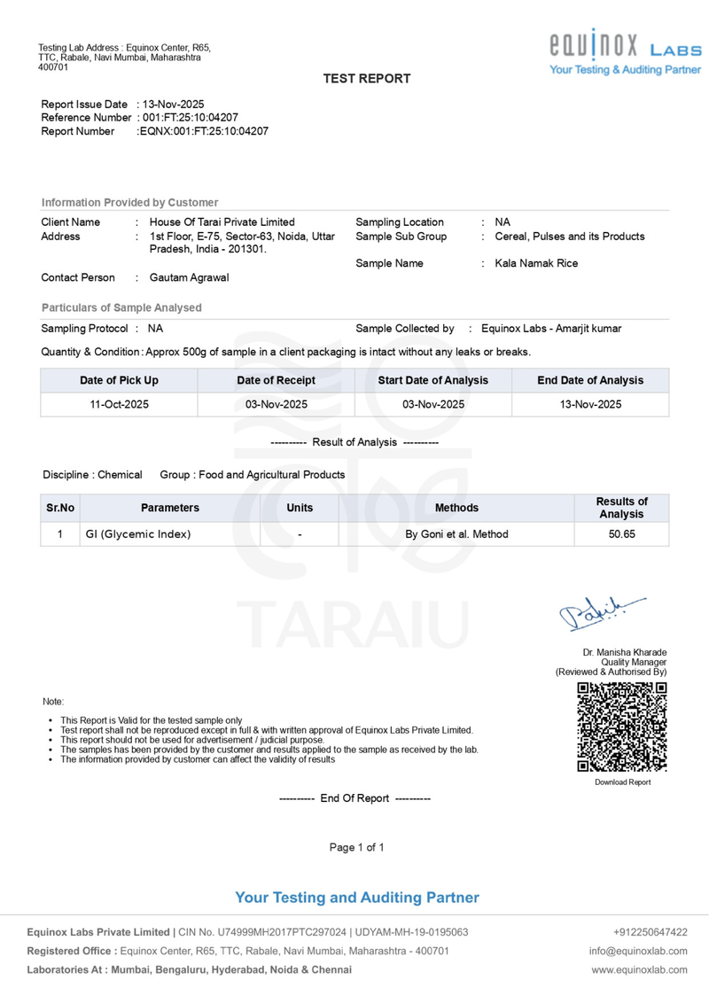 Glycemic Index (GI) Test Report – Kala Namak Rice
