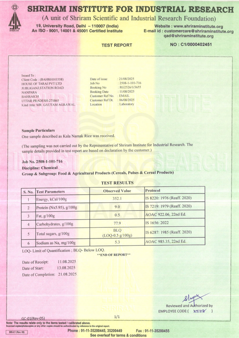 Nutritional Test Report – Kala Namak Rice